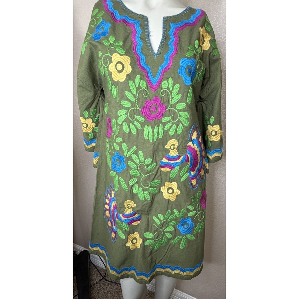 Sister Mary Embroidered Tunic Dress Small Olive Boho Folk Art Peacock Floral